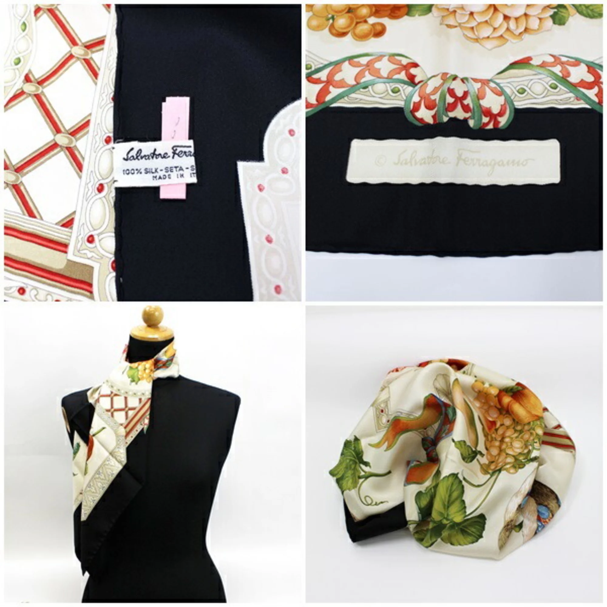 Pre-Owned Salvatore Ferragamo Ferragamo Silk Scarf Muffler Black x Ivory Tori Salvatore Women’s (Good) - Image 3