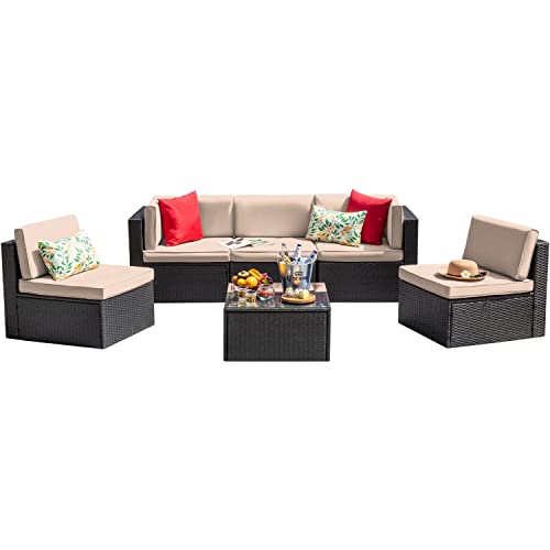Devoko Patio Furniture Sets 6 Pieces Outdoor Sectional Rattan Sofa Manual Weaving Wicker Patio Conversation Set with Glass Table and Cushion (Beige) - Image 33